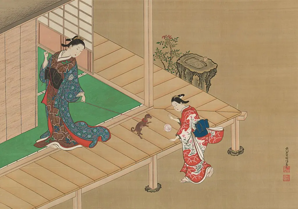 Courtesan and Attendant Playing with a Dog, by Nishikawa Sukenobu