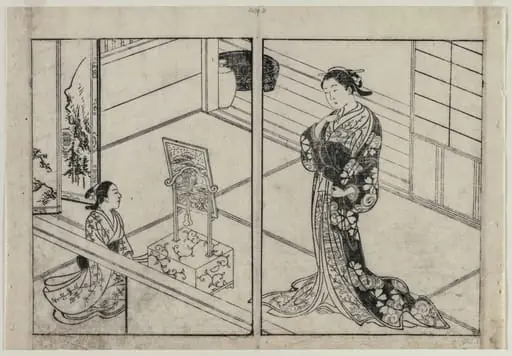 Woman and Child Beside a Mirror Stand, by Nishikawa Sukenobu