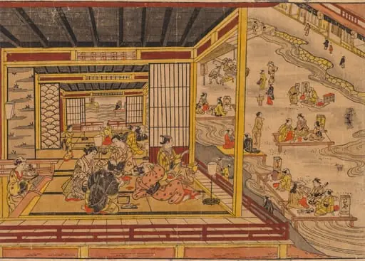 Tea House Beside the Kamo River in Kyoto, by Nishimura Shigenaga