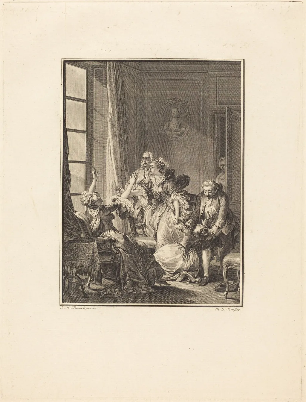 Julie s'évanouit dans un fauteuil, by Noël Le Mire, ink, 1762