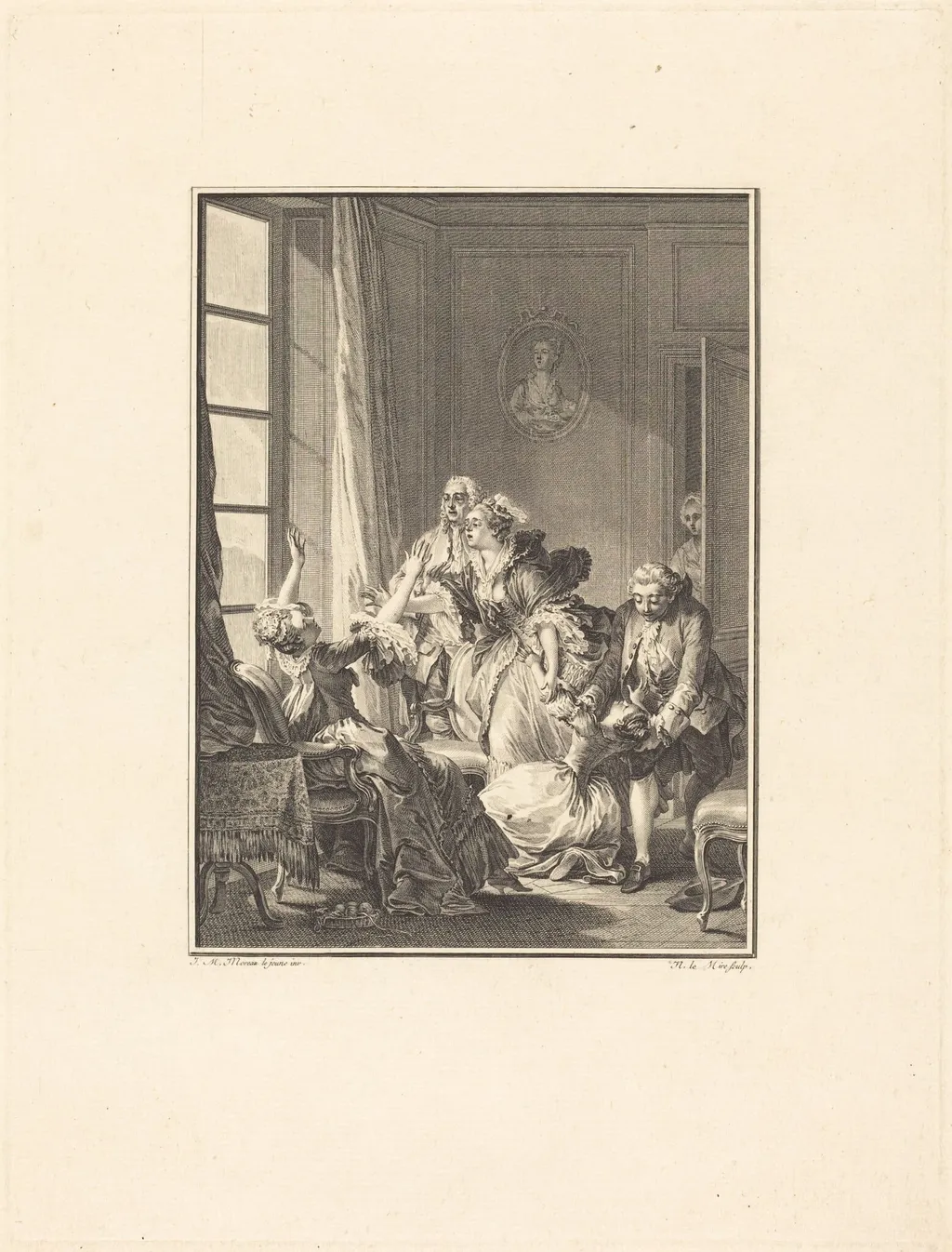 Julie s'évanouit dans un fauteuil, by Noël Le Mire, ink, 1762