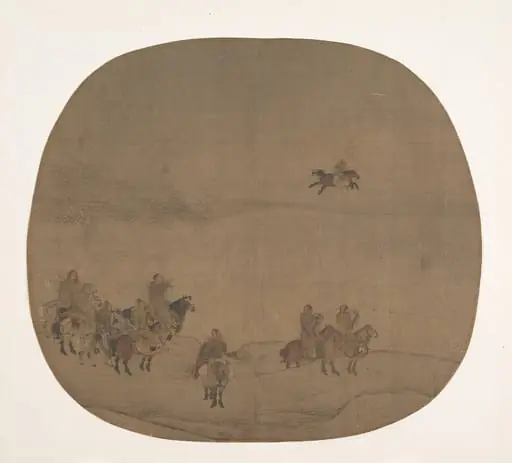 南宋　傳陳居中　胡騎春獵圖　團扇|Nomads hunting with falcons