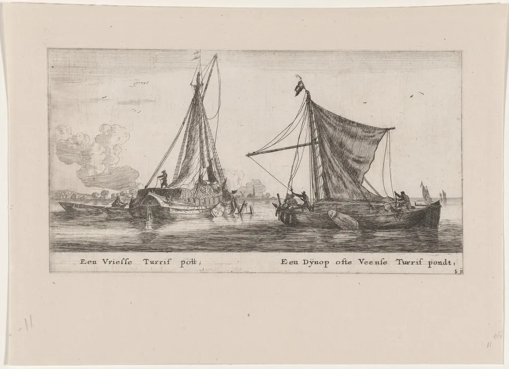A "Friesland" Peatpot, and a "Dijnopschuit" or "Veense" Peatpot, by Nooms, called Zeeman, Reinier, ink, 1653