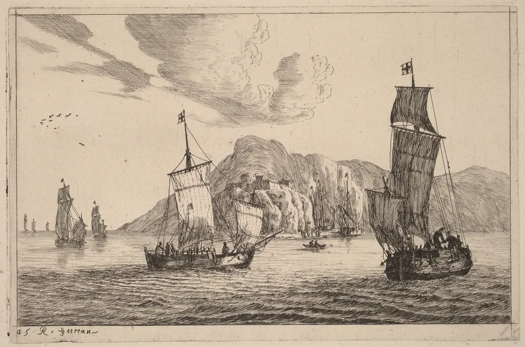 Harbor Scene with Mountainous Background, by Nooms, called Zeeman, Reinier, ink, 1656