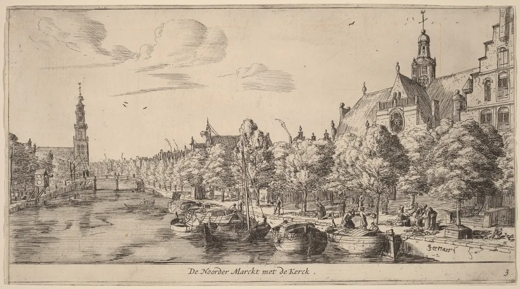 Noordenmarkt with the Noorden Kerk (De Noorder Marckt met de Kerck), by Nooms, called Zeeman, Reinier, ink, 1645