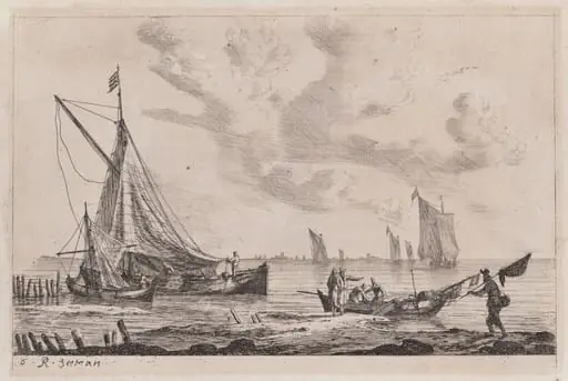 Shore of Inland Waterway with a Ketch, Two Smaller Boats, and Fisherman, by Nooms, called Zeeman, Reinier
