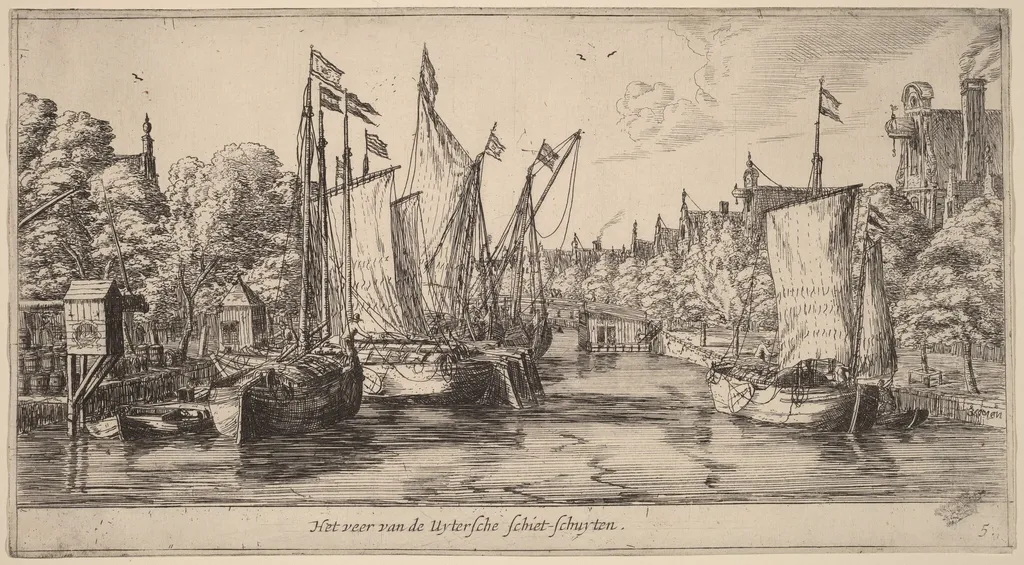 The Ferry to Utrecht (Het veer van der Uytersche schiet-schuyten), by Nooms, called Zeeman, Reinier, ink, 1645