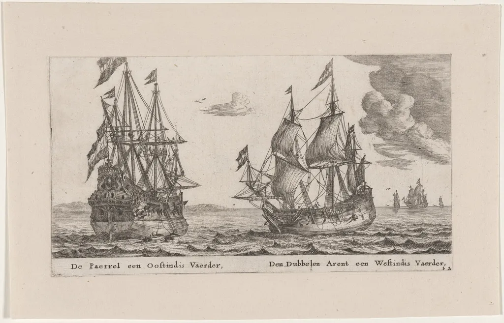 The "Parel" (Pearl), an East Indiaman and the "Dubbele Arent" (Spread Eagle), a West Indiaman, by Nooms, called Zeeman, Reinier, ink, 1653