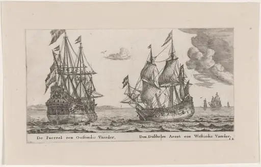 The "Parel" (Pearl), an East Indiaman and the "Dubbele Arent" (Spread Eagle), a West Indiaman, by Nooms, called Zeeman, Reinier