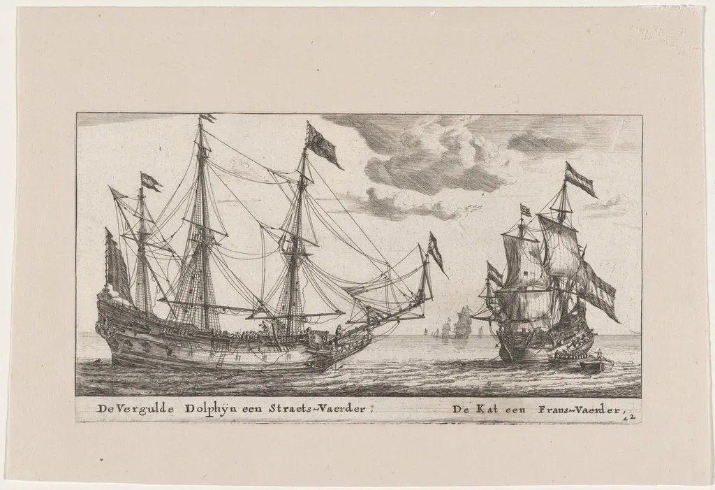 The "Vergulde Dolphyn," a Large Merchant Vessel, and the "Kat," a Flute, by Nooms, called Zeeman, Reinier, ink, 1653