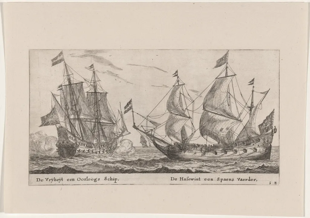 The "Vrijheijt," a Man-of-War and the "Hazewind," a Merchantman for Spain, by Nooms, called Zeeman, Reinier, ink, 1653