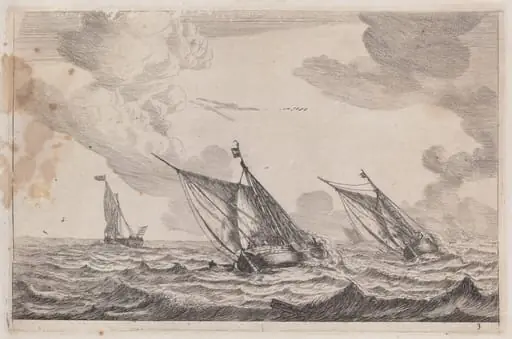 Three Sailing Vessels at Choppy Sea, by Nooms, called Zeeman, Reinier