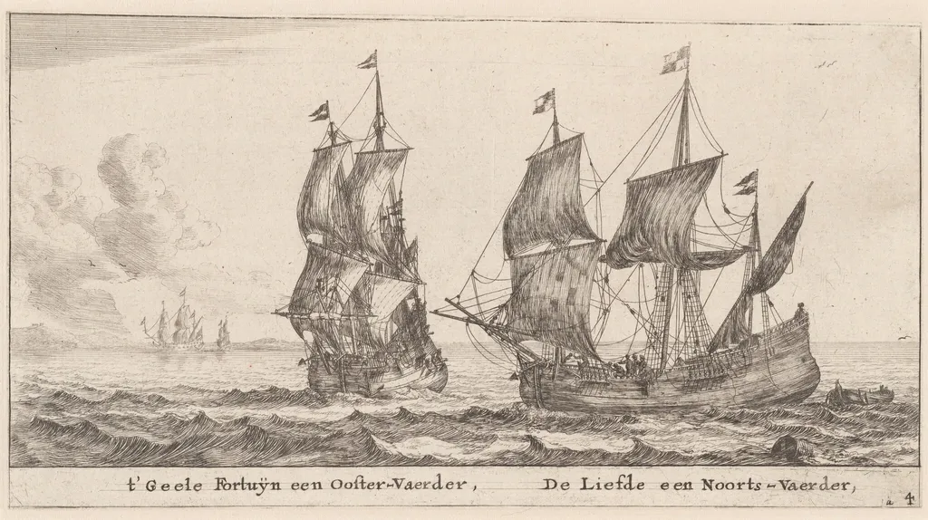 Two Merchant-Men: the "Geele Fortuÿn," Trading in the Baltic, and the "Liefde," Trading in Norway, by Nooms, called Zeeman, Reinier, ink, 1653