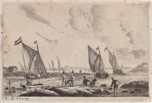 View of Inland Waterway with Fishermen, by Nooms, called Zeeman, Reinier