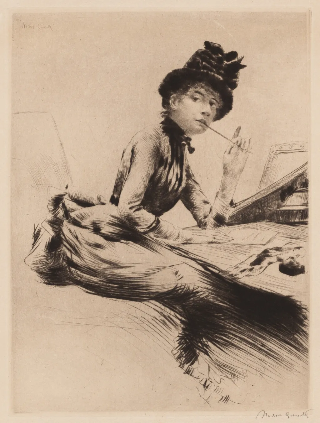 The Letter (Reflexion, ou la lettre), by Norbert Goeneutte, ink, 1887