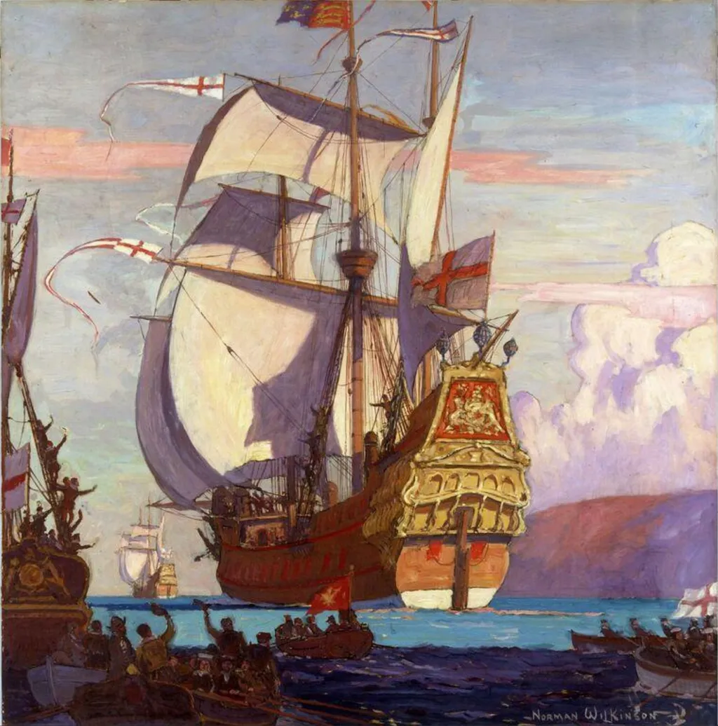 The 'Revenge' Leaving Plymouth to Meet the Armada, by Norman L. Wilkinson, paint, 1912