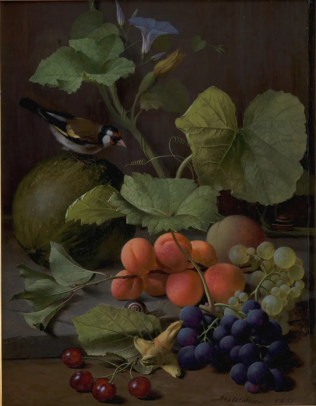 Frugtstykke med en stillids, by O.D. Ottesen, oil, 1855