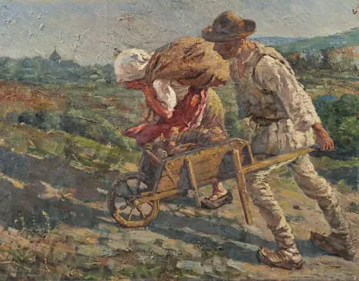 De la munca câmpului. Țăran cu roaba, by Octav Băncilă