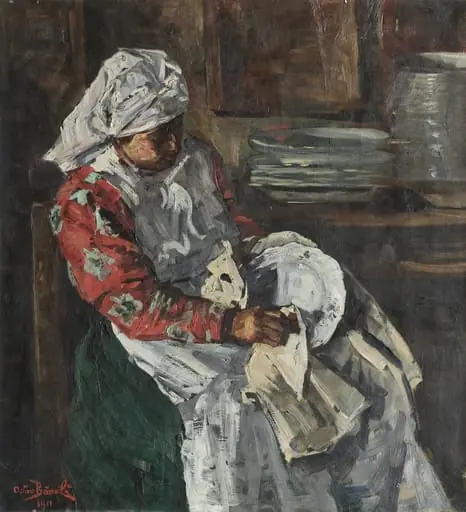 Femeie ștergând farfurii, by Octav Băncilă