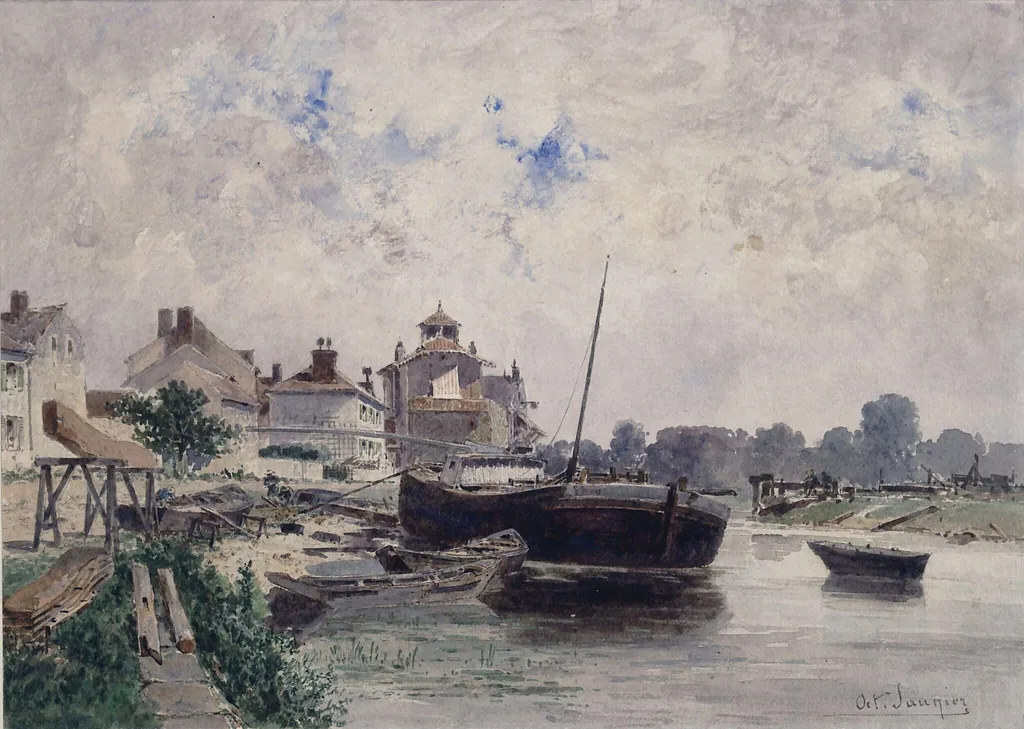 Landscape with river, by Octave Alfred Saunier, watercolor, 1860