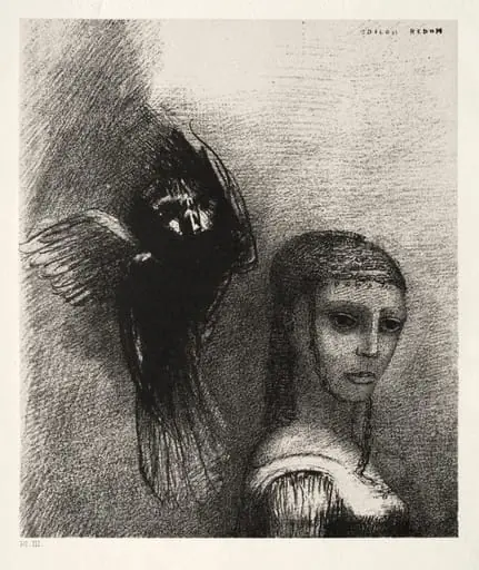 And a Large Bird, Descending from the Sky, Hurls Itself against the Topmost Point of Her Hair, by Odilon Redon
