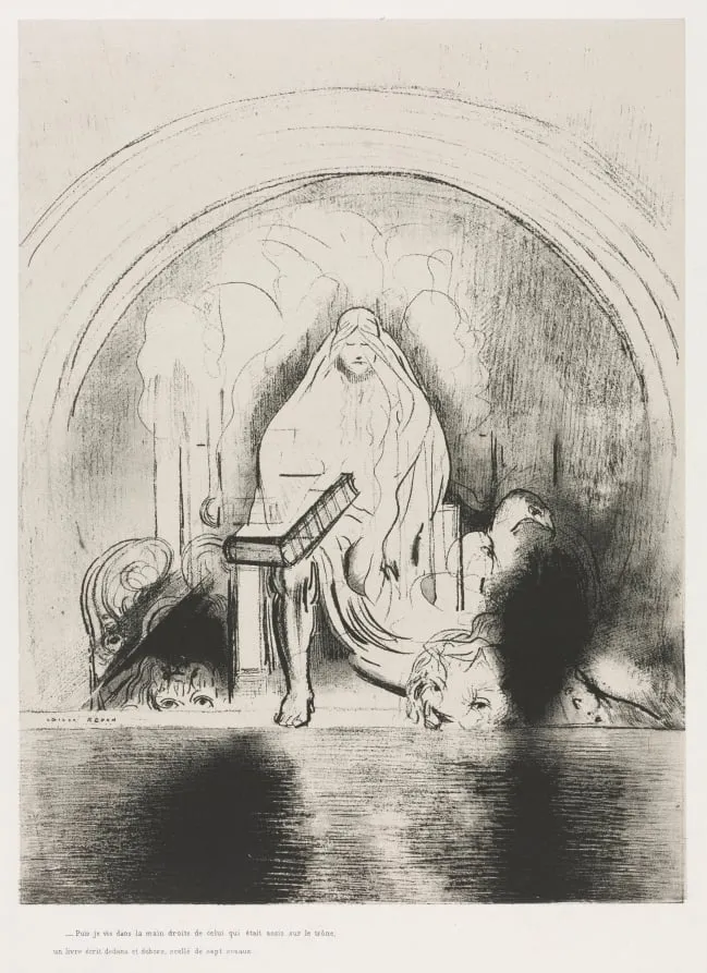 And I Saw in the Right Hand of Him that Sat on the Throne a Book Written within and on the Backside, Sealed with Seven Seals, by Odilon Redon, 1899