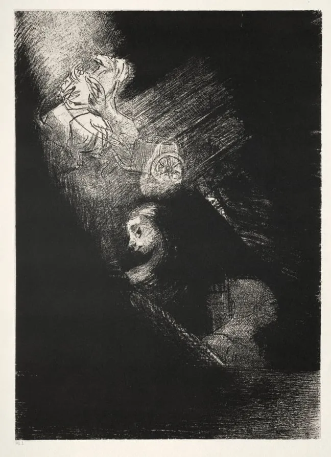 First a Pool of Water, Then a Prostitute, the Corner of a Temple, a Soldier's Face, a Chariot with Two White, Rearing Horses, by Odilon Redon, 1888