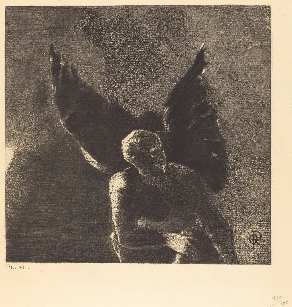Gloire et louange a toi, satan, dans les hauteurs du ciel ou tu regnas, et dans les profondeurs de l'enfer, ou vaincu, tu reves en silence! (Glory and praise to you, Satan, in the heights of heaven, where you reigned, and in thedepths of hell, where, vanquished, you dream in s ilence!), by Odilon Redon, ink, 1890