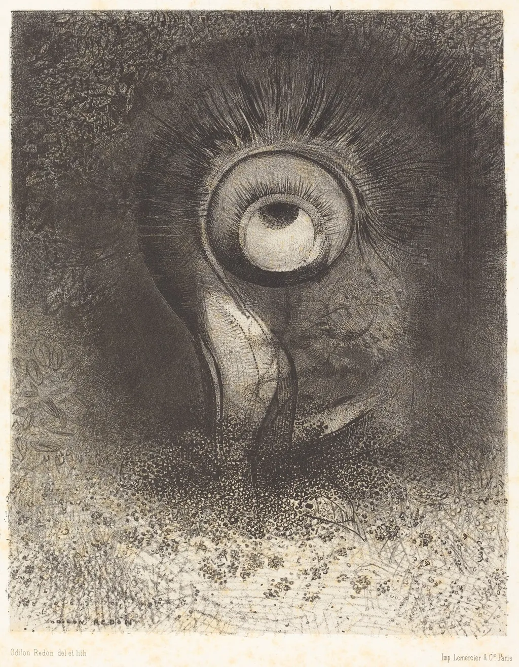 Il y eut peut-etre une vision premiere essayee dans la fleur (There was perhaps a first vision attempted in the flower), by Odilon Redon, ink, 1883