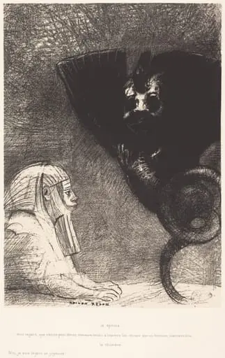 Le Sphynx...mon regard que rien ne peut devier, demeure tendu a travers les choses sur un horizon inaccessible. La Chimere: Moi,Je suis legere et joyeuse (The Sphinx: "My gaze, which nothing can deflect, passes through the things and remains fixed on an inaccessible horizon." The Chimera: "I am weightless and joyful"), by Odilon Redon