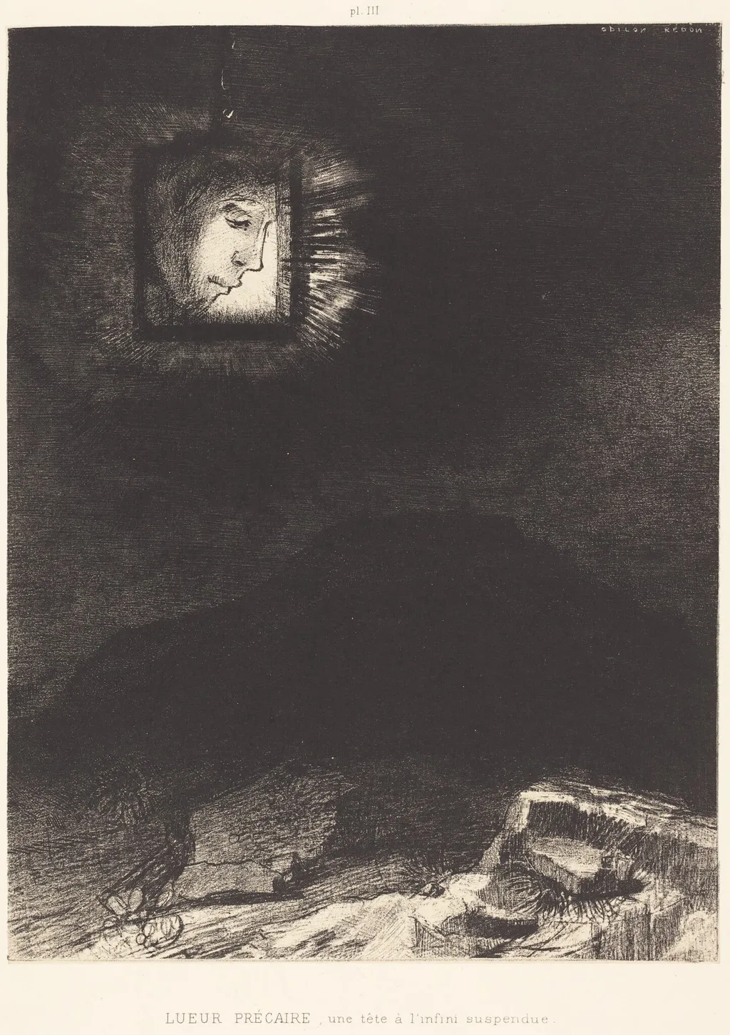 Lueur precaire, une tete a l'infini suspendue(Precarious glimmering, a head suspended, by Odilon Redon, ink, 1891