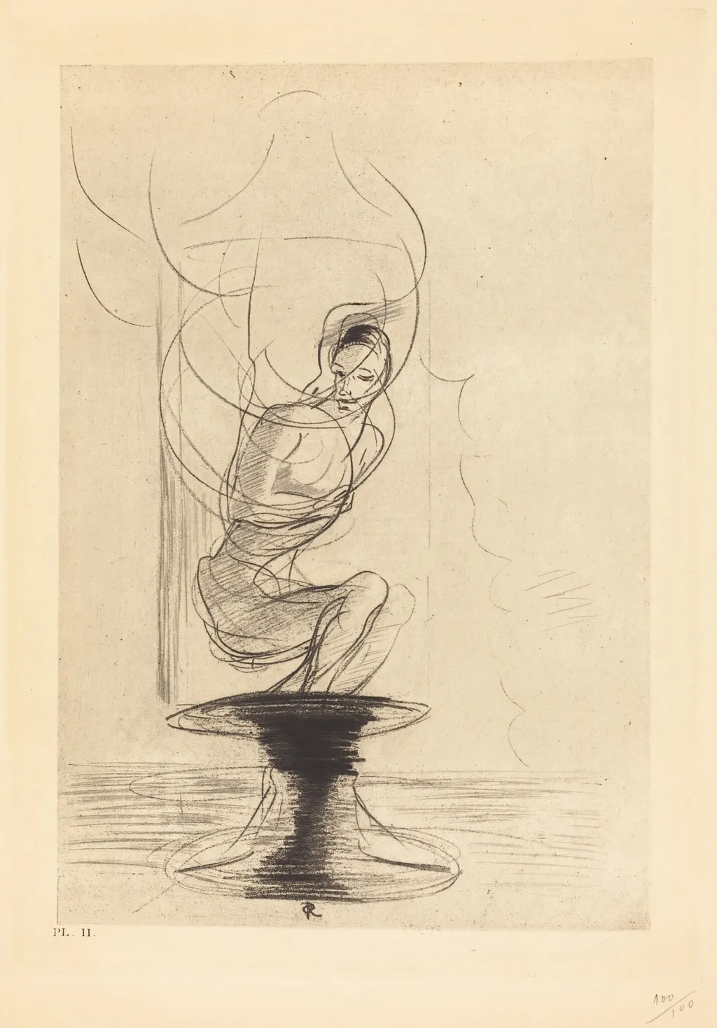 Parfois on trouve un vieux flacon qui se souvient, d'ou jaillit toute vive une ame qui revient (Sometimes one finds an old reminiscing flask, whence issues in full life a returning soul), by Odilon Redon, ink, 1890
