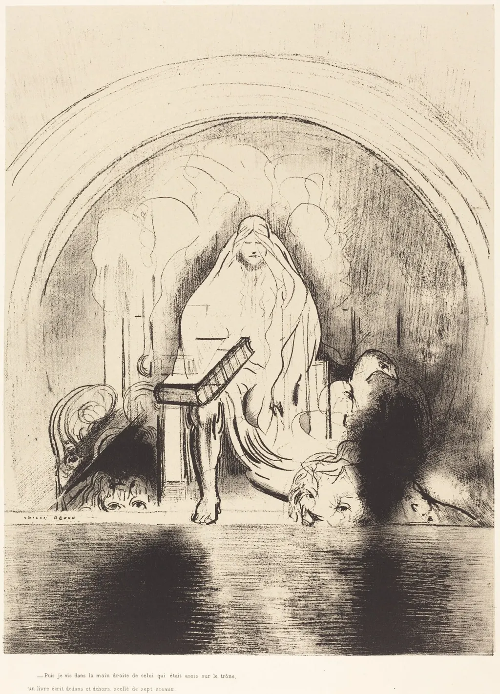 Puis je vis, dans la main droite de celui quietait assis sur le trone, un livre ecritdedans et dehors, scelle de sept sceaux (And I saw in the right hand of him that sat on the throne a book written within and on the backside, sealed with seven seals ), by Odilon Redon, ink, 1899