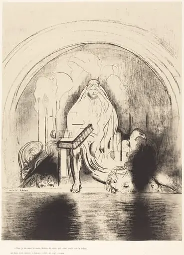 Puis je vis, dans la main droite de celui quietait assis sur le trone, un livre ecritdedans et dehors, scelle de sept sceaux (And I saw in the right hand of him that sat on the throne a book written within and on the backside, sealed with seven seals ), by Odilon Redon