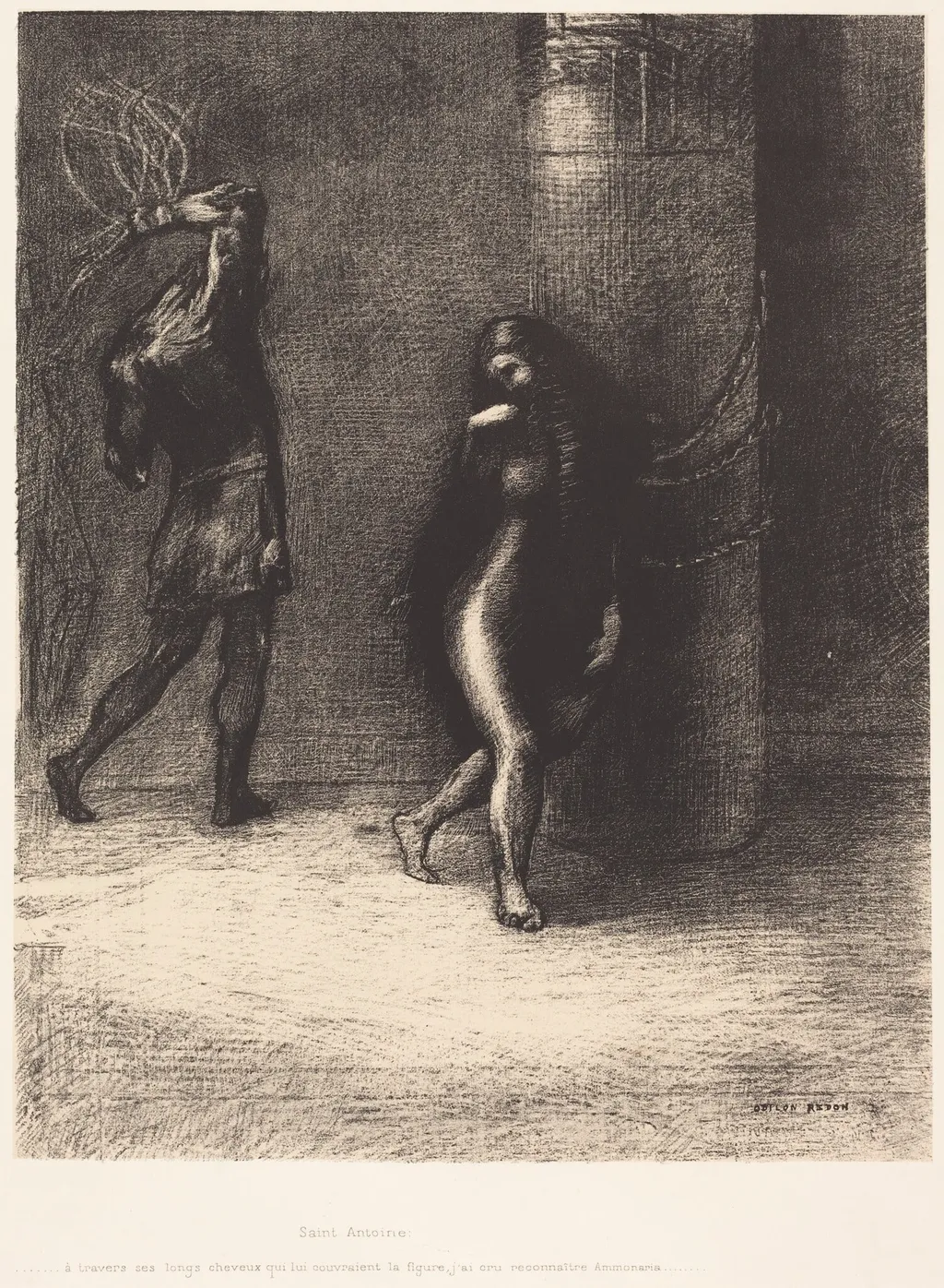 Saint-Antoine...A travers ses longs cheveux qui lui couvraient la figure, j'ai cru reconnaitre Ammonaria (Saint Anthony: "Beneathe her long hair , which covered her face, I thought I recognized Ammonaria), by Odilon Redon, ink, 1889