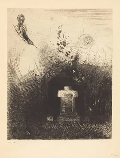 Si par une nuit lourde et sombre, un bon chretien, par charite, derriere quelque vieux decombre, enterre votre corps voute (If on a close dark night a good Christian, out of charity, behind some old ruin, buries your arched body), by Odilon Redon