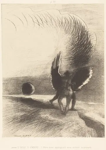Sous l'aile d'ombre, l'etre noir appliquait une active morsure (Beneath the wing of shadow the black creature was biting energetically), by Odilon Redon