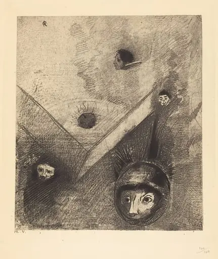 Sur le fond de nos nuits dieu de son doigt savant dessine un cauchemar multiforme et sans treve (On backdrop of our nights God with His knowing finger traces a multiform implacable nightmare), by Odilon Redon