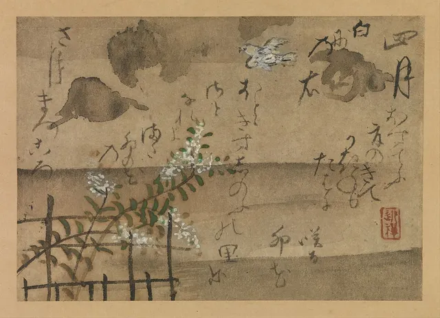 尾形乾山筆 定家詠十二ヶ月和歌 花鳥図 『拾遺愚草』 より四月|“Fourth Month” from Fujiwara no Teika’s “Birds and Flowers of the Twelve Months”