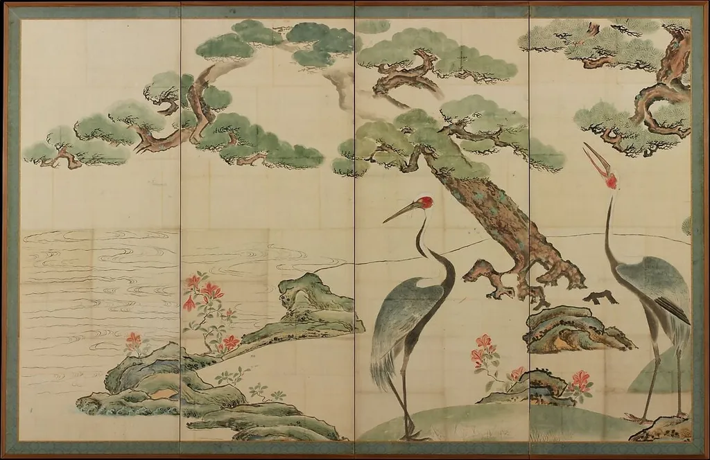 尾形光琳筆 松竹に鶴図屏風|Cranes, Pines, and Bamboo, by Ogata Kōrin, ink, 1708