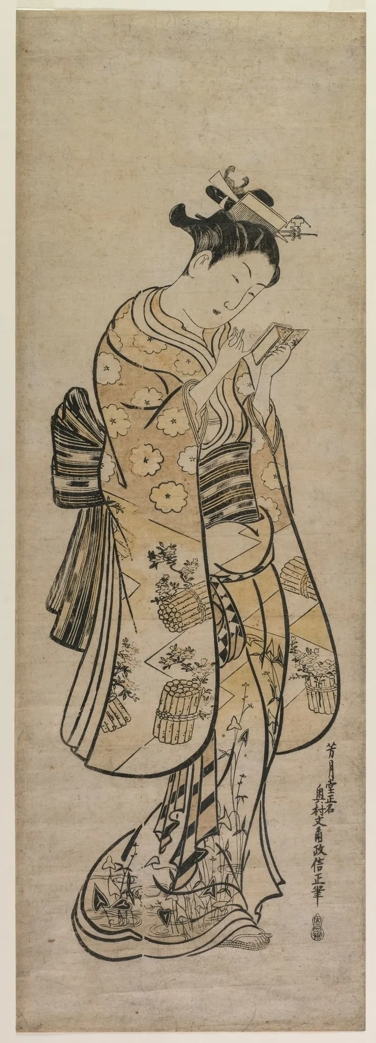 A Beauty with a Mirror, by Okumura Masanobu, 1744