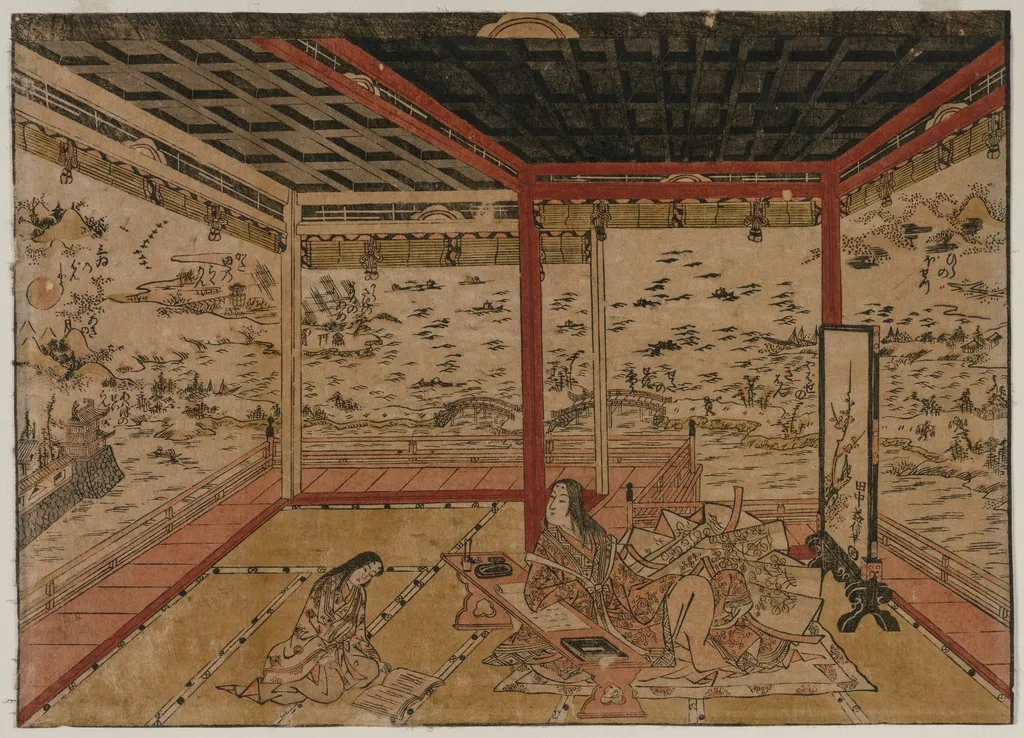 Lady Murasaki at Ishiyama Overlooking a Panorama with Eight Views of Lake Biwa, by Okumura Masanobu, 1744