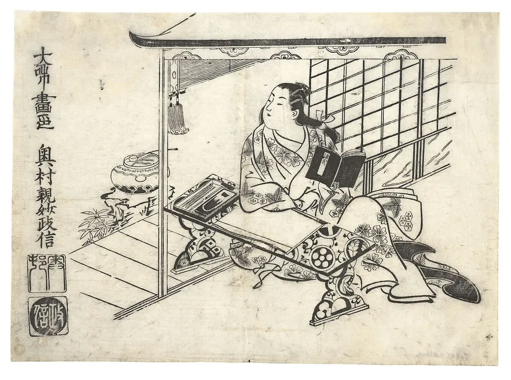 奥村政信画 見立紫式部図|Parody of Murasaki Shikibu at Her Desk, by Okumura Masanobu, ink, 1710