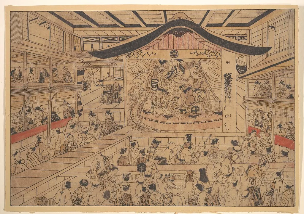 浮絵 「紋尽名古屋曽我」|Perpsective View (uki-e) of a Kabuki Theatre, with a Performance of The Crest Patterns of the Soga Brothers and Nagoya Sanza (Mon-zukushi Nagoya Soga), by Okumura Masanobu, ink, 1748
