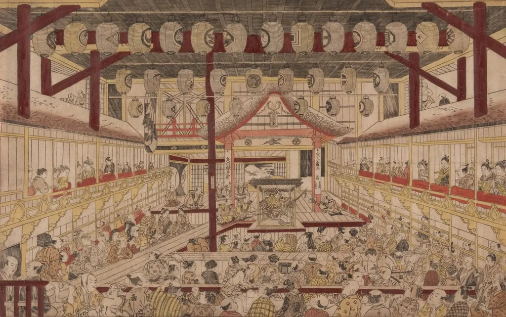 Perspective View of the Interior of the Nakamura Theater with Ichikawa Ebizo II as Yanone Goro, by Okumura Masanobu, 1740