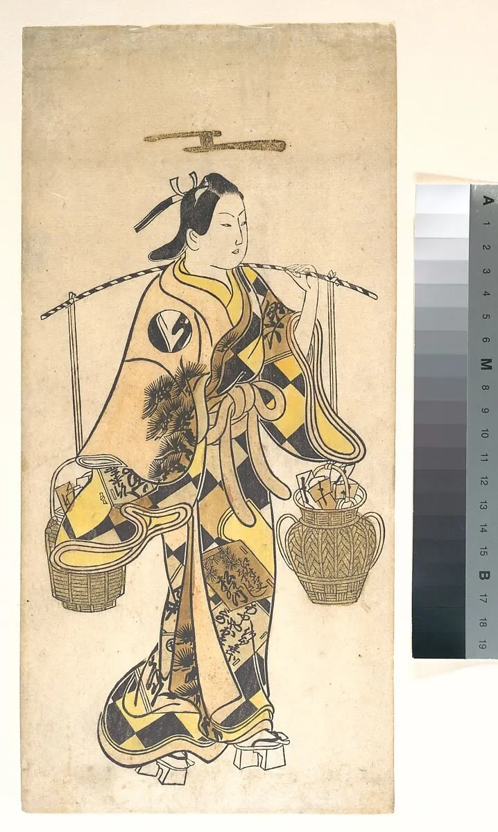 奥村利信画 恋愛御籤売り|A Young Man as a Seller of Love Prophecies, by Okumura Toshinobu, ink, 1734