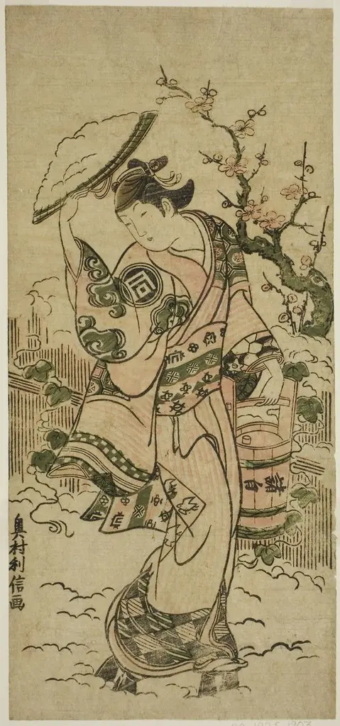 The Actor Sanogawa Mangiku as a woman walking in the snow, by Okumura Toshinobu