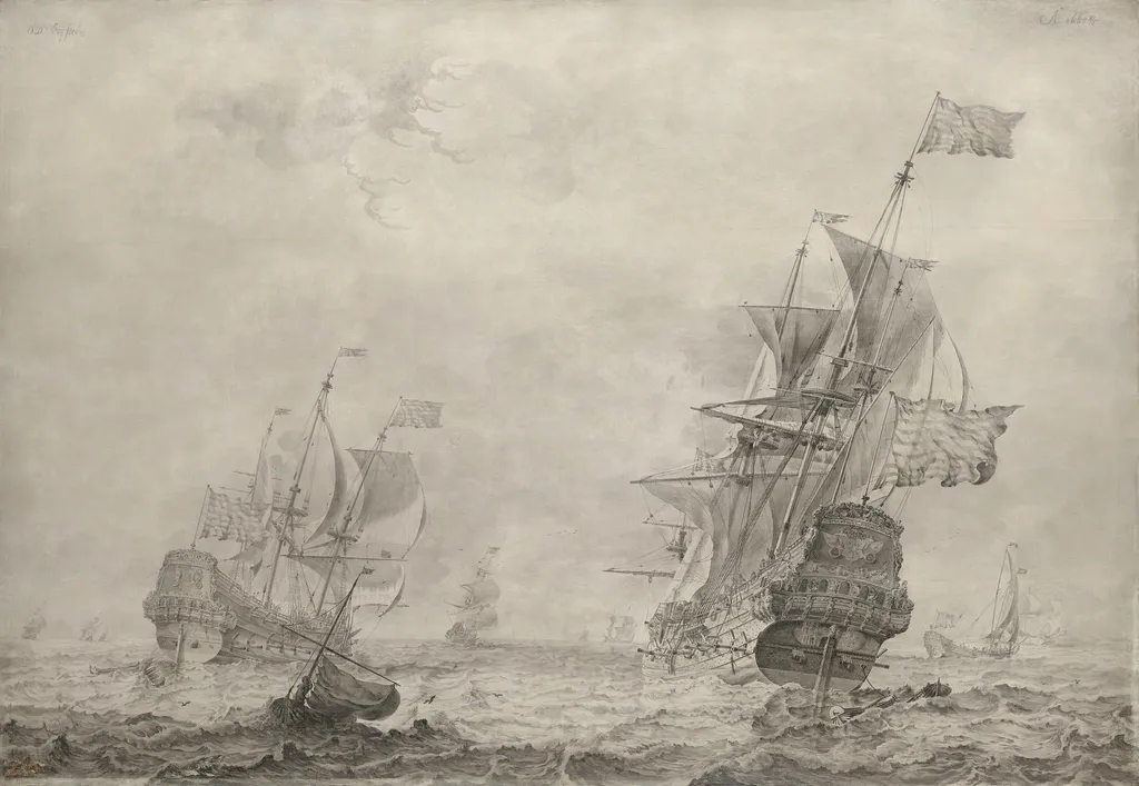 Three-Masted Sailing Boat on Gently Moving Water, by Olfert de Vrij, paint, 1665