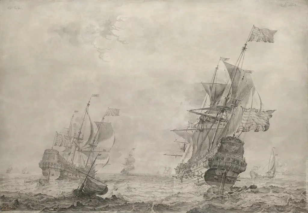 Three-Masted Sailing Boat on Gently Moving Water, by Olfert de Vrij