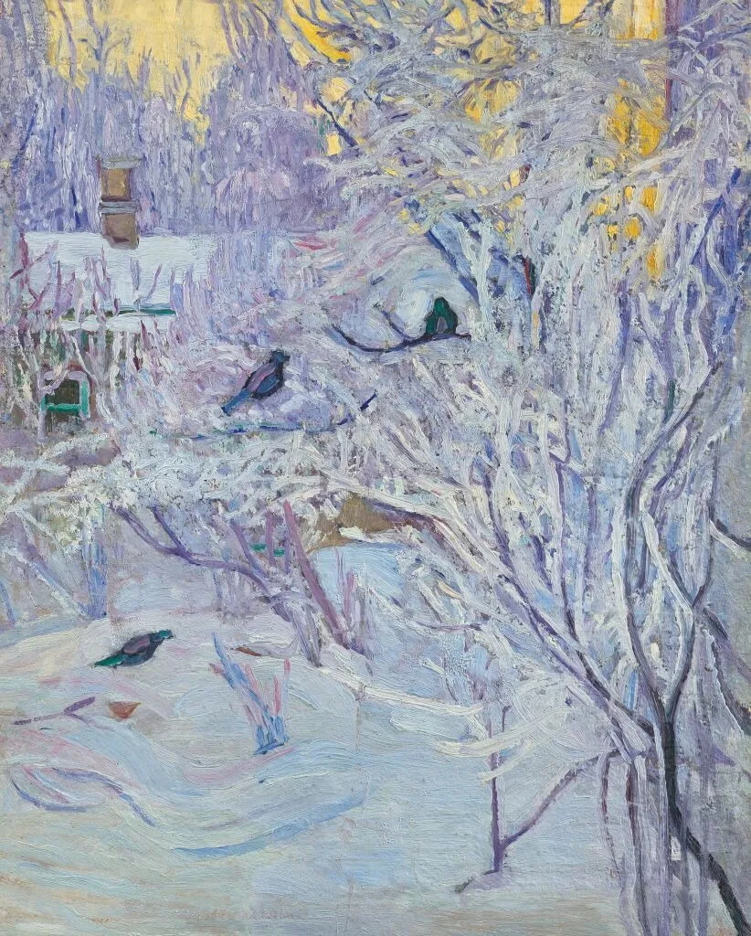 Corner of the House and Bullfinches on the Tree. Winter, by Olga Rozanova, oil, 1907